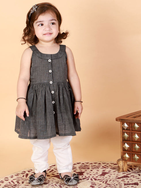 Vastramay SISHU Girl's Black Striped Handloom Kurta With Cream Pyjama Set